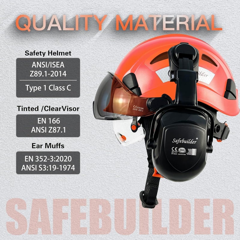 SAFEBUILDER Industrial Safety Helmet with Visor Ear Muffs Hard Hat with Visor Vented Hardhats Construction Work Head Protection ANSI - Image 3